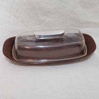 Vintage Butter Dish Plastic Brown Clear Top Stripes Dinnerware