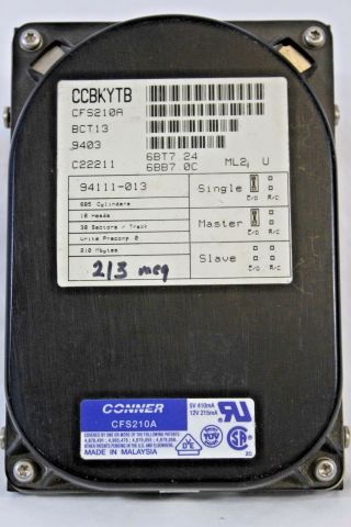 Conner Model Cfs210a Tower Computer Hard Drive Vintage Hdd 210mb