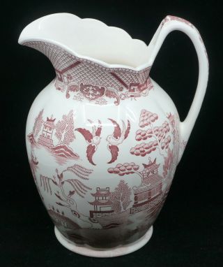 Vintage Red Willow Pattern Transfer Ware China Large Pitcher,  10.  75 Inches