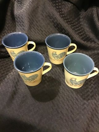 Vintage 1983 Jacaman Stoneware Mug/cup Set Of Four.  Blue Rooster.