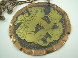 Vtg Mexico Cobre Copper & Brass Large Chain Necklace Pendant Aztec Mayan Shaman