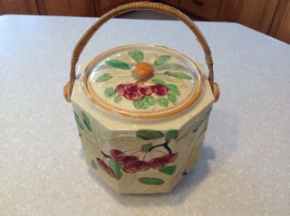 Vintage Cookie Jar With Cherries And Wooden Handle Made In Japan