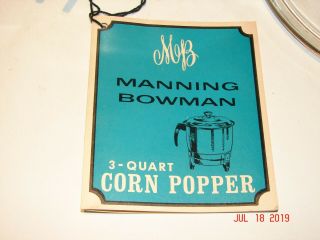 VINTAGE Electric POPCORN MAKER Manning - Bowman 3 Quart CORN POPPER 35503 - 1 W/ BOX 4
