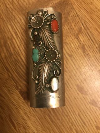 Vintage Navajo Sterling Silver Turquoise Red Coral Feather Flower Lighter Case