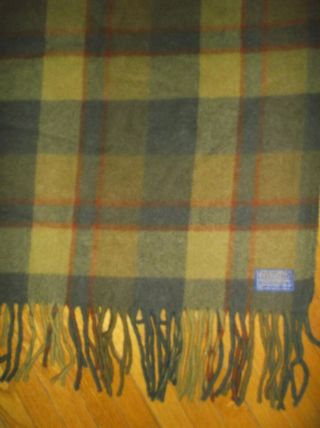 Vintage Pendleton 100 Wool Green Plaid Throw Fringe Blanket W/ Label