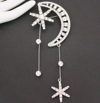 Vintage Style Rhinestone Crystal Moon & Star Drop Brooch Pin Jewellery