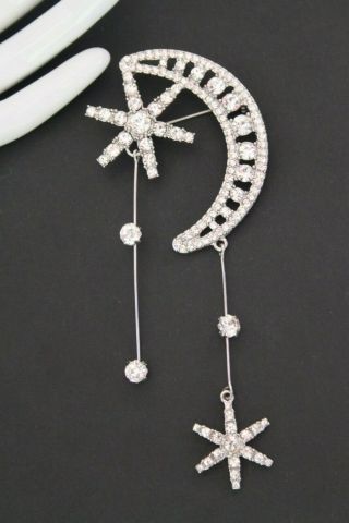 Vintage Style Rhinestone Crystal MOON & STAR Drop BROOCH Pin Jewellery 3