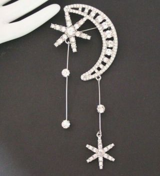 Vintage Style Rhinestone Crystal MOON & STAR Drop BROOCH Pin Jewellery 7