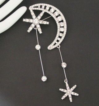 Vintage Style Rhinestone Crystal MOON & STAR Drop BROOCH Pin Jewellery 8