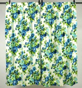 Vintage Set Of 4 Floral Curtains Window Drapes French Pleat Blue White 59 " 3