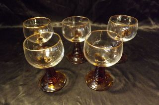 Vintage Set Of 5 Crystal Roemer Amber Beehive Water Wine Goblets Glasses France