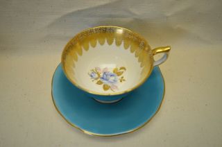 Vintage Aynsley Turquiose Blue Tea Cup & Saucer W/ Gold Trim,  Rose