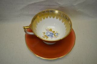 Vintage Aynsley Burnt Orange Tea Cup & Saucer W/ Gold Trim,  Blue Rose Flower