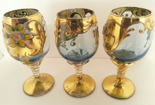 Vintage Murano Sherry Glass Blue Gold Twisted Venetian Hand Painted Flower