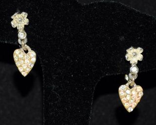 Vintage Sarah Coventry White Rhinestone Small Dangling Heart Clip Earrings