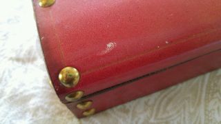 Vintage tooled leather trinket jewelry box RED velvet lined brass tack flower 2