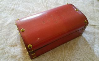 Vintage tooled leather trinket jewelry box RED velvet lined brass tack flower 3