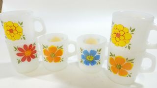6 Vintage Fire King Anchor Hocking Flowered Stackable Coffee Mugs Cups