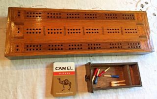Vintage Wood Inlaid Cribbage Board With Drawer For Cards & Pegs 16.  5 " Long