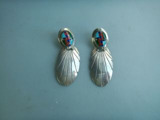 Old Vintage Zuni Native American Sterling Silver Inlaid Stone Pierced Earrings