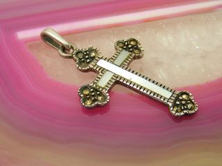 Vintage Sterling Silver Marcasite Mother Pearl Cross Pendant Abalone Shell