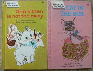 2 Vintage Wonder Easy Reader Books Cat In The Box,  One Kitten Is Not Too Many