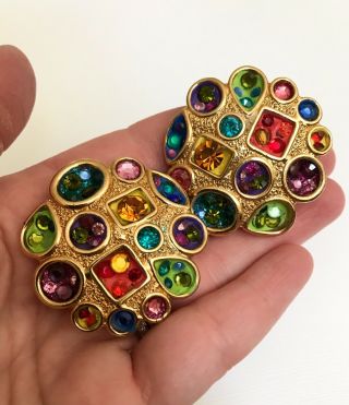 Vintage Jacky De G France Gold Tone Colorful Statement Clip Earrings