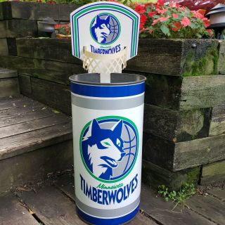 Vintage Minnesota Timberwolves Metal Trash Can Waste Basket With Official Hoop