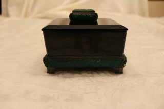 Vintage Black Glass And Sterling Silver Jewelry Box.  Emerald Detail