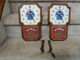 2 Vintage Pabst Blue Ribbon Pbr Beer Solid Oak Wood Electric Wall Clocks 13.  5 "