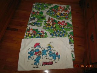 Vintage Smurfs Twin Bed Flat Sheet & Pillowcase Or Fabric Lawtex 39 X 76 Peyo