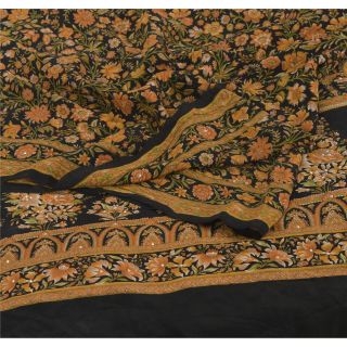 Sanskriti Vintage Black Saree Pure Crepe Silk Printed Sari Craft 5yd Soft Fabric