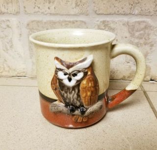 Vintage 3d Stoneware Pottery Owl Coffee Mug Deep Red Medallion Gift Ceramic Tan