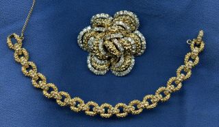 Vintage Panetta Gold Tone Rhinestone Pin/pendant & Bracelet Usa Made