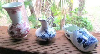 3 Vintage Delft Holland Mini Pitcher & Vase & Shoe