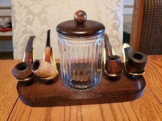 Vintage Wood 4 Tobacco Pipe Holder Display Stand Rack W/ Glass Jar W/pipes