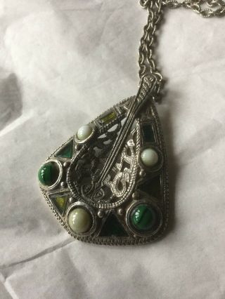 Vintage Miracle Pendant Necklace,  Scottish Celtic,  Glass Green Agate,  Signed