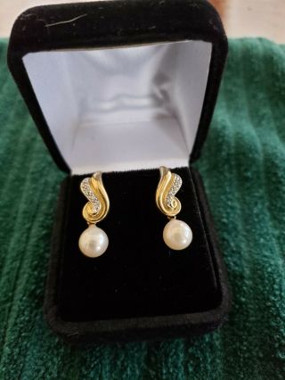 Vintage Estate 14kt Gold Cultured Pearl Diamond Earrings Drop Dangle