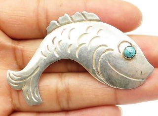 La Joyeria Mexico 925 Silver - Vintage Turquoise Fish Motif Brooch Pin - Bp3061