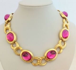 Vintage - 1980s Goldtone Fuschia Pink Glass Cabochon Necklace & Earring Set