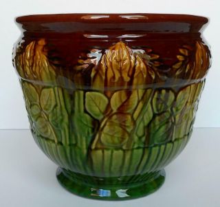 Vtg Green Brown Yellow Blended Drip Glaze Weller Pottery Jardiniere 10 3/4 " Rim
