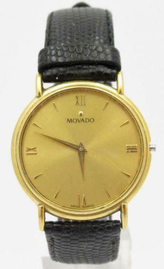 Mens Movado Vintage Gold Tone Case And Dial Black Leather Watch