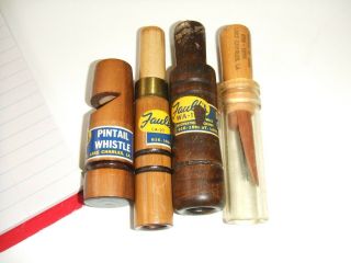 4 Vintage Faulks Wooden Game Calls With Lanyard Pw - 70 Pintail/ca - 22 Duck/wa - 11 D