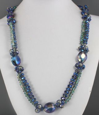 Vintage 70’s Double Strand Blue Aurora Borealis Crystal Glass Bead Long Necklace
