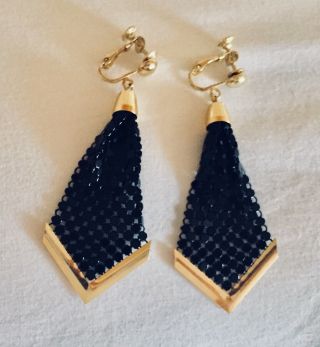 Vintage Whiting & Davis Black And Gold Mesh Dangling Earrings For Pierced Ears