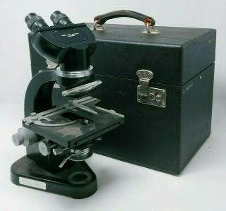 Leitz Microscope With Binocular Head And Case Vintage