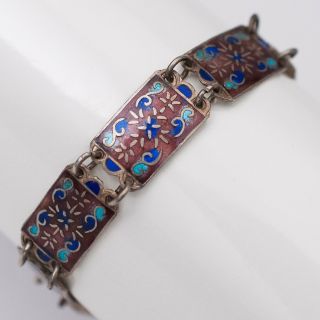 Vintage Aterling Silver Champleve Enamel Link Bracelet