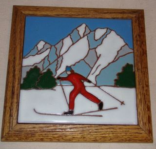 Vtg Cross Country Ski Skiier Mountain Wall Hanging Tile Trivet Handmade Italy