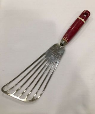 Vintage A & J Batter Beater Curved Slotted Spatula Red Handle Wood Fish Fry