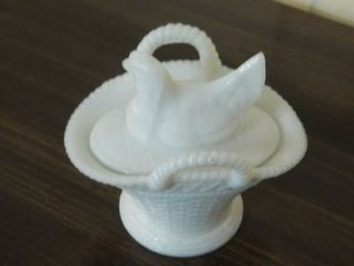 Vintage Covered White Milk Glass Hen On A Basket With Handles